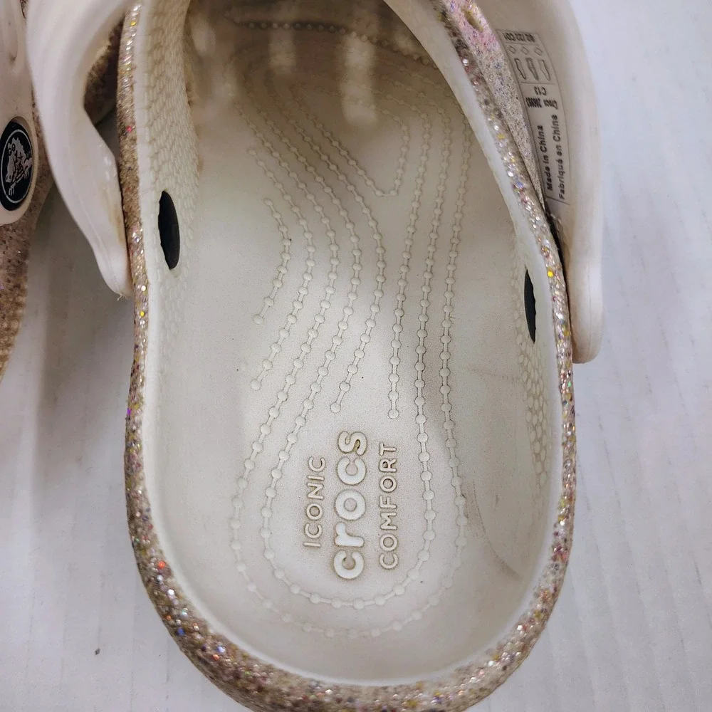 Crocs Classic‎ Glitter Clog Silver Multi Sparkle Shoes with Jibbitz Charms C13